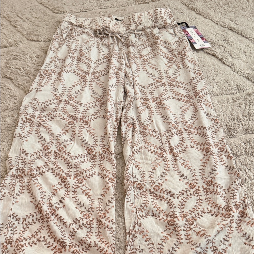 one 5 one Cream and Brown Wide Leg Pants
